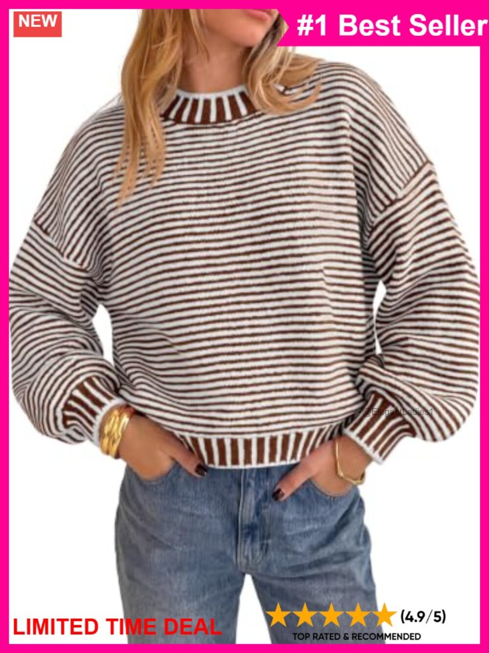 Chunky Knit Striped Color Block Oversized Pullover Sweater Crew Neck Lantern